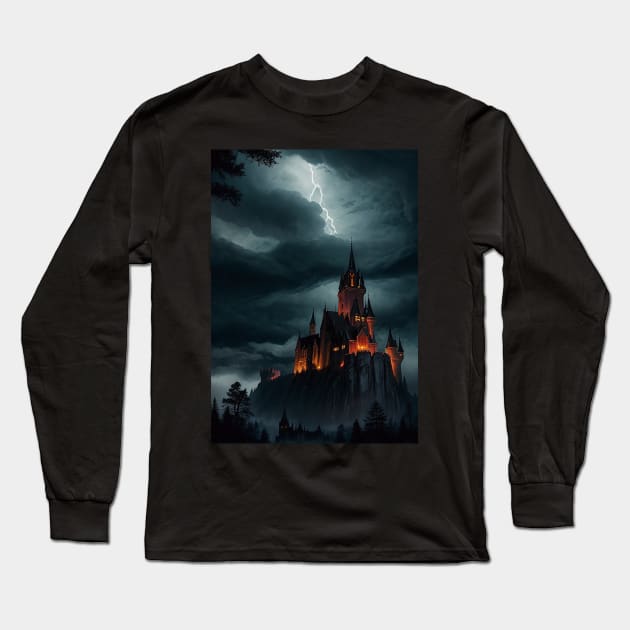 Lighting Striking the Top of a Haunted Castle Long Sleeve T-Shirt by CursedContent